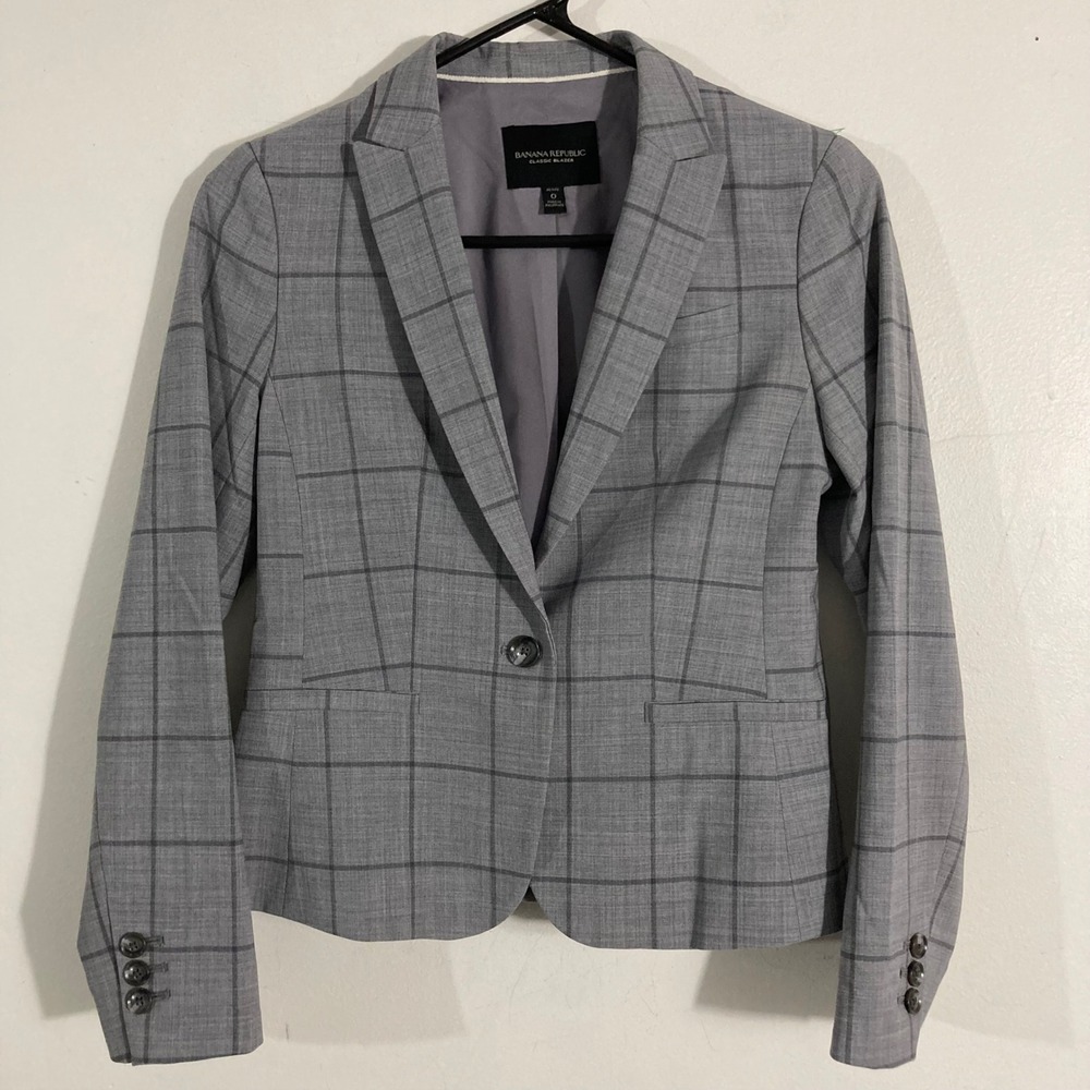 Banana Republic Classic‎ Blazer Womens 0P Grey Plaid Wool Professional